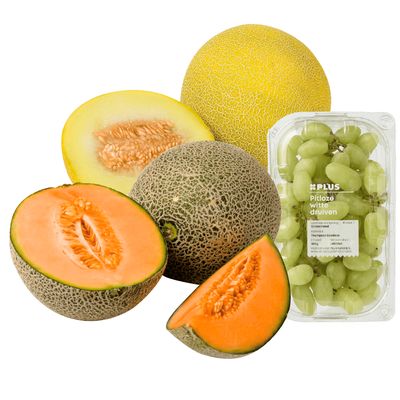 PLUS Pitloze witte druiven of Cantaloupe of Galia meloen