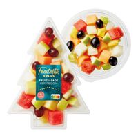 Feestelijk PLUS Fruitsalade kerstboom, PLUS Vers gesneden fruit meloenmix en fruitpunch
